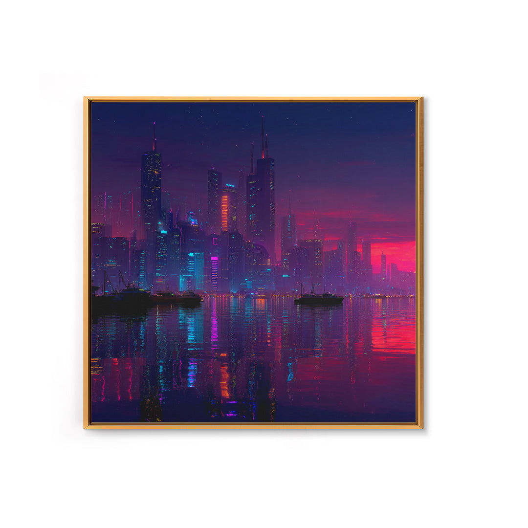 Cyberpunk Neon City Skyline Wall Art, Futuristic Night Harbor Canvas Print, Sci Fi Cityscape Decor, Gaming Room Modern Wall Art