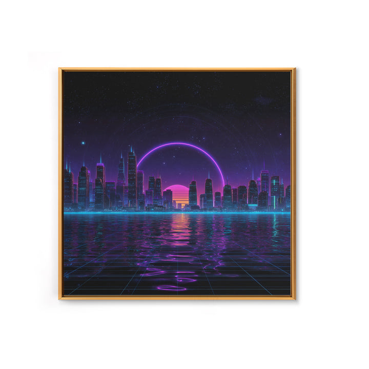 Neon City Skyline Over Water Retro Futuristic Wall Art Vaporwave Cityscape Canvas Print Gaming Room Decor