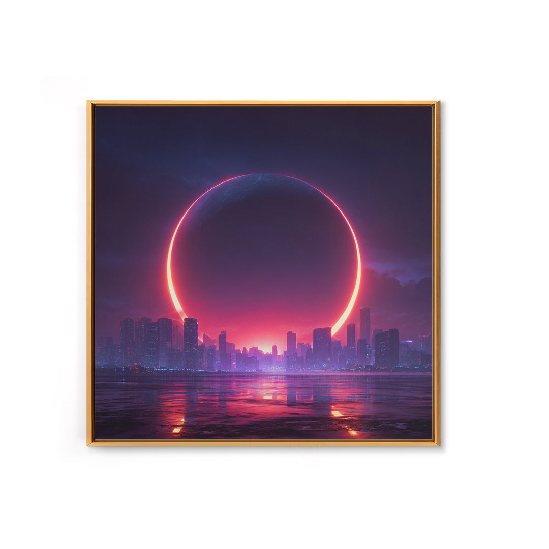 Futuristic Eclipse Cityscape Canvas Print, Neon Sci Fi Wall Art, Cyberpunk Skyline Decor For Gaming Room Or Modern Office
