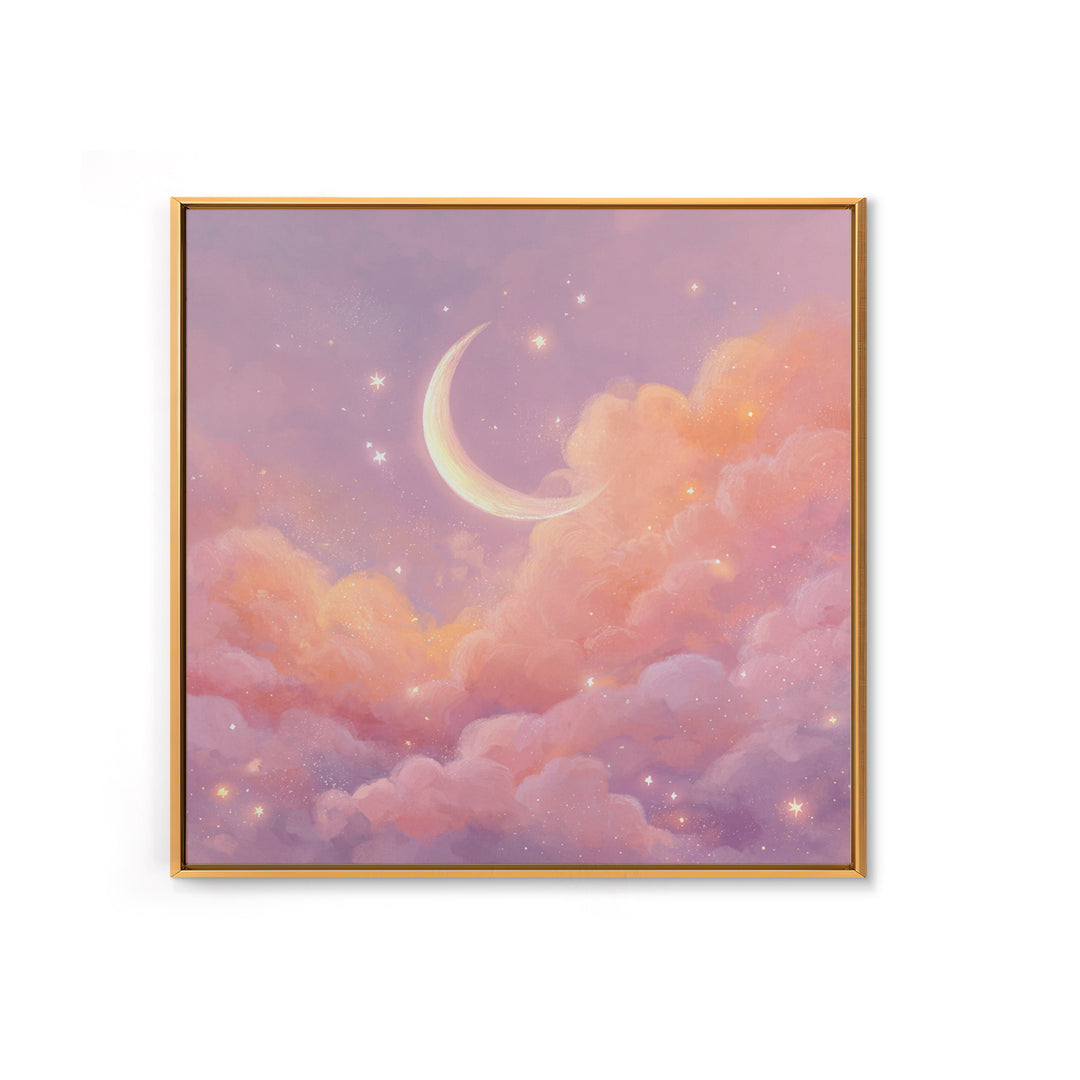 Soft Crescent Moon In Peach Clouds Canvas Print, Celestial Wall Art, Romantic Bedroom Decor, Calming Nursery Art, Cozy Wall Decor