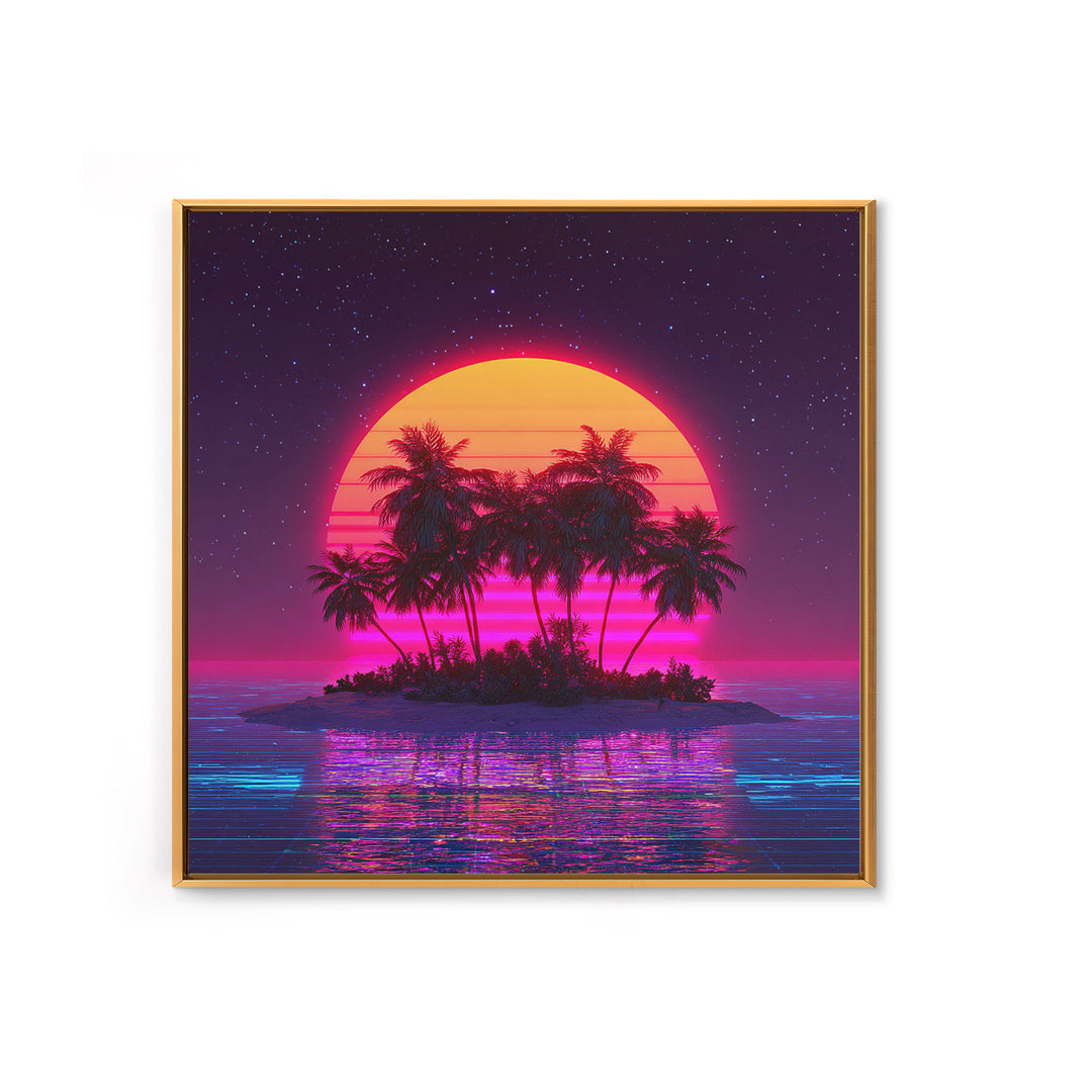 Retro Vaporwave Palm Island Wall Art, Neon Ocean Sunset Canvas Print, Aesthetic 80s Coastal Decor, Gaming Room Modern Wall Art