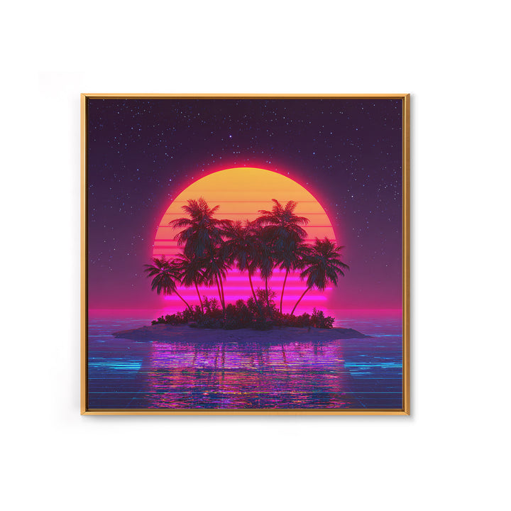 Retro Vaporwave Palm Island Wall Art, Neon Ocean Sunset Canvas Print, Aesthetic 80s Coastal Decor, Gaming Room Modern Wall Art
