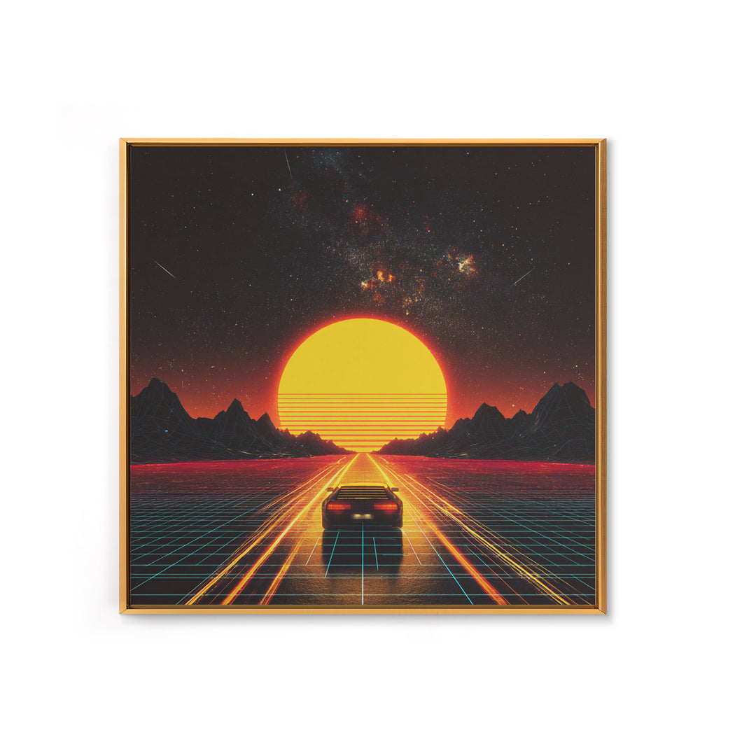 Retro Futuristic Car Road To Giant Neon Sun Wall Art, Synthwave Grid Landscape Canvas Print