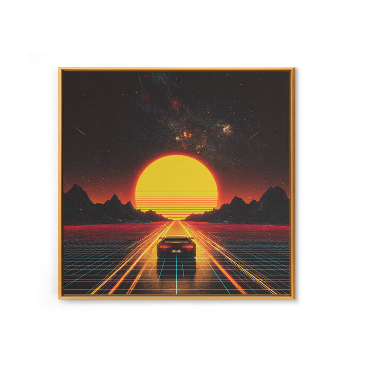 Retro Futuristic Car Road To Giant Neon Sun Wall Art, Synthwave Grid Landscape Canvas Print