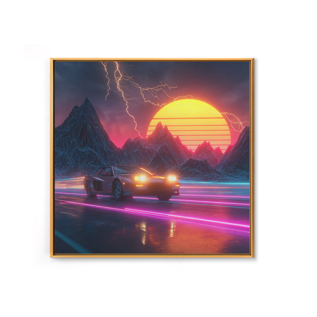 Retro Sports Car In Neon Sunset Mountains Wall Art, Cyberpunk Cityscape Canvas Print, Futuristic Gaming Room Decor