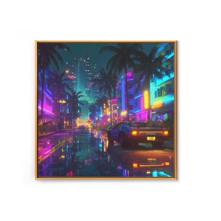 Neon Retro Futuristic City Street Wall Art, Cyberpunk Car Night Cityscape Print, Gaming Room Decor Canvas Print