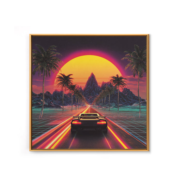 Retro Synthwave Sunset Car Wall Art Canvas Print, Neon Cityscape Art, 80s Vaporwave Decor, Gaming Room Wall Art