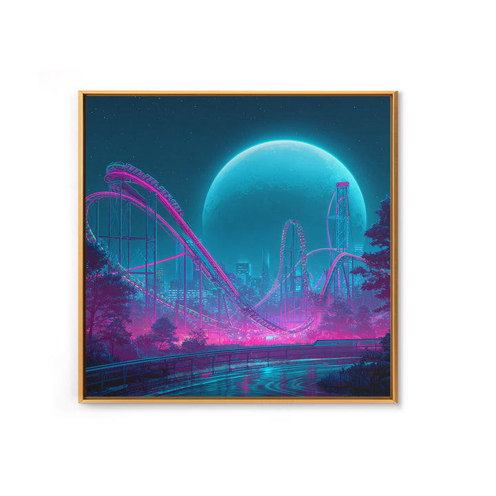 Neon Roller Coaster Under Full Moon Wall Art, Futuristic Night Amusement Park Canvas Print, Cyberpunk Gaming Decor