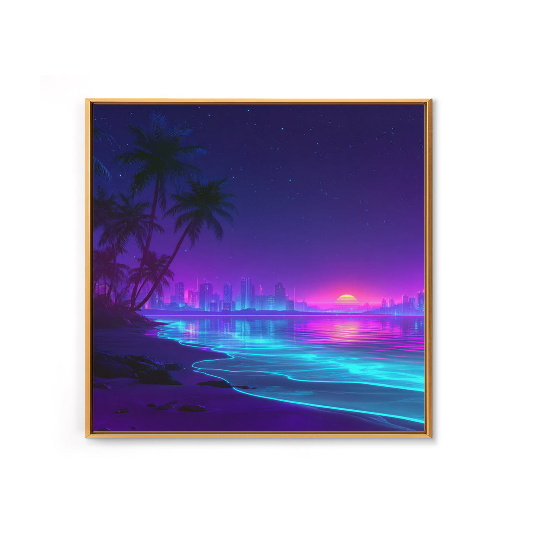 Neon City Beach Sunset Wall Art, Retro Futuristic Coastal Landscape Canvas Print, Modern Coastal Home Decor