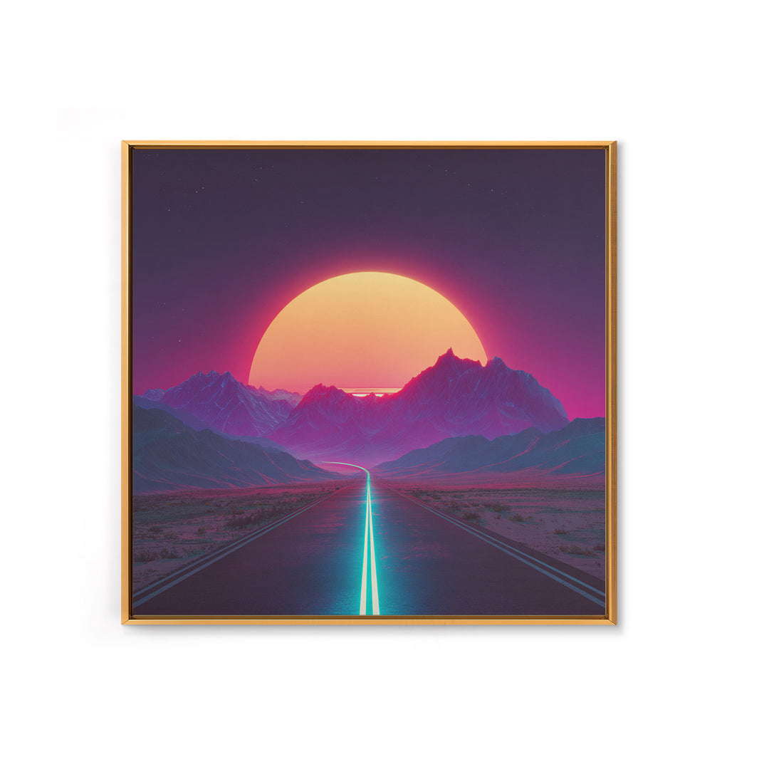 Neon Sunset Mountain Road Wall Art, Retro Futuristic Landscape Canvas Print, Cyberpunk Space Art For Gaming Room And Modern Home Decor