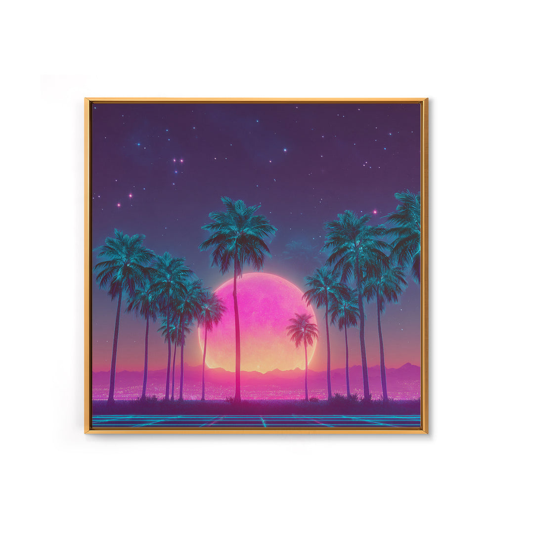 Vibrant Neon Cityscape With Palm Trees And Pink Moon Night Sky Futuristic Wall Art Framed Canvas Print For Living Room