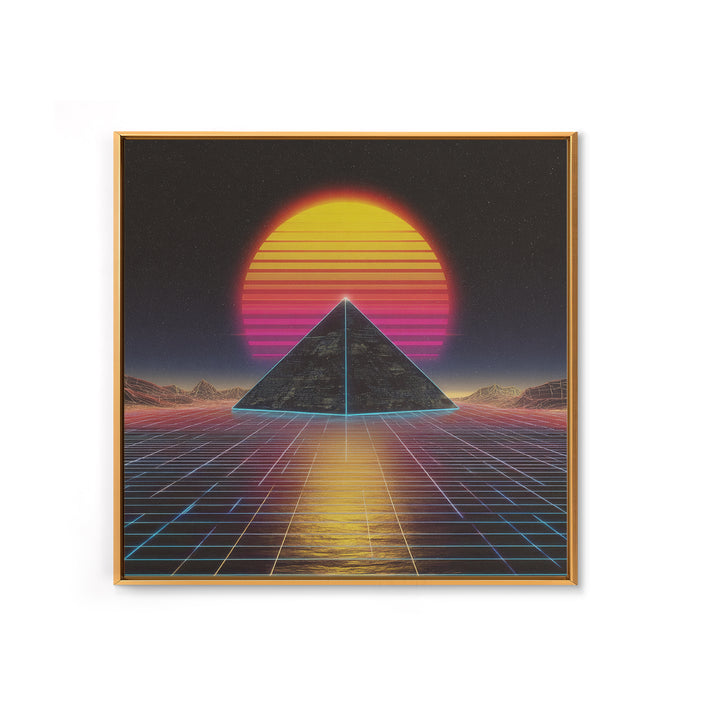 Retro Synthwave Pyramid Sunset Wall Art, Neon Grid Landscape Canvas Print, 80s Aesthetic Home Decor, Sci Fi Poster