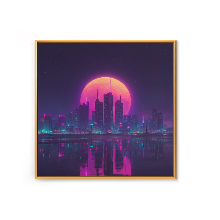 Neon Moon Over Futuristic City Skyline Wall Art, Cyberpunk Night Cityscape Print, Modern Gaming Room Canvas Print