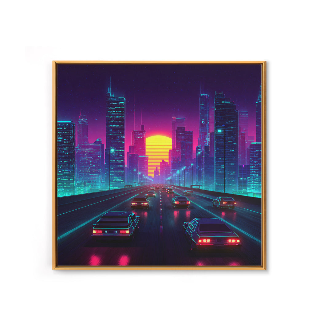 Neon Retro Highway Cityscape Wall Art, Futuristic Synthwave Sunset Canvas Print, Cyberpunk City Modern Home Decor