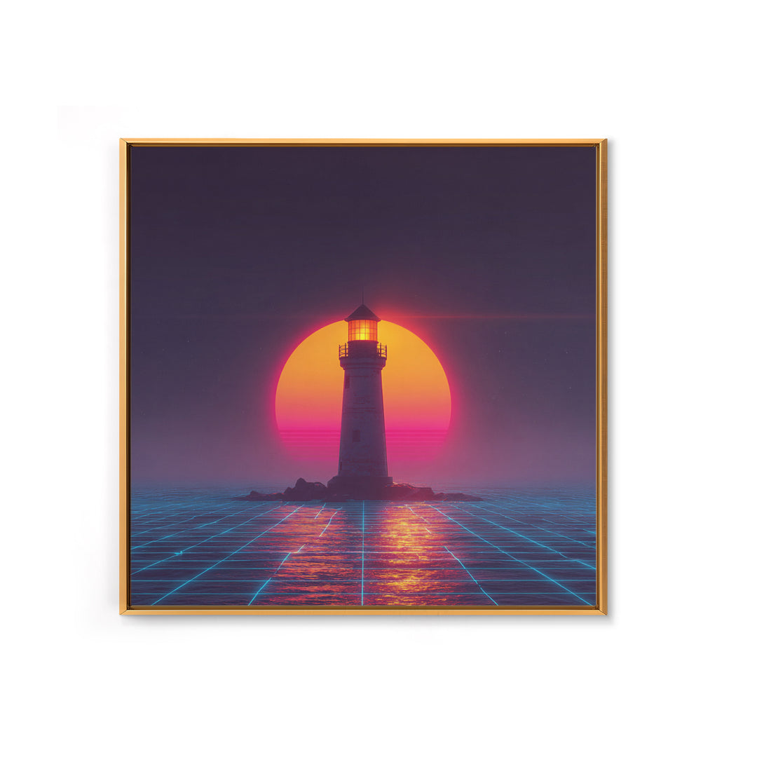 Retro Futuristic Lighthouse Neon Sunset Canvas Print, Synthwave Coastal Wall Art, Vaporwave Ocean Scene For Gaming Room Decor