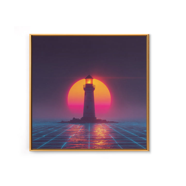 Retro Futuristic Lighthouse Neon Sunset Canvas Print, Synthwave Coastal Wall Art, Vaporwave Ocean Scene For Gaming Room Decor