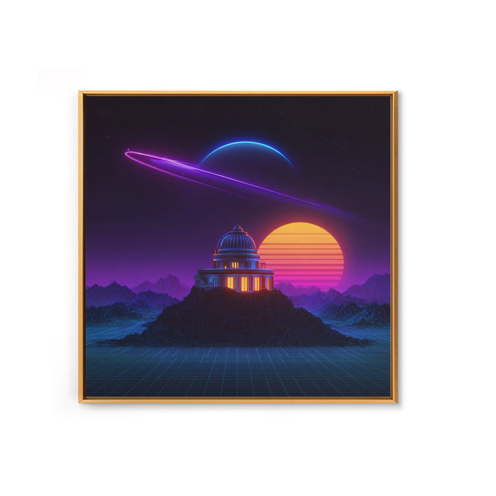 Retro Futuristic Observatory Space Landscape Wall Art, Neon Planet Sci Fi Canvas Print, Vaporwave Decor For Gaming Room
