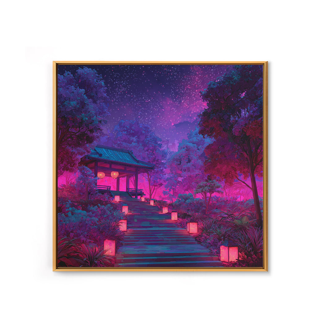 Neon Garden Lantern Path Under Starry Sky Wall Art, Dreamy Japanese Landscape Canvas Print, Aesthetic Room Decor