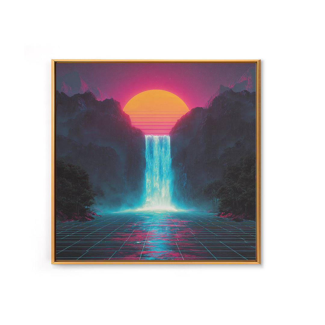 Neon Waterfall Sunset Sci Fi Landscape Wall Art Retro Futuristic Mountain Canvas Print For Gaming Room Modern Home Decor