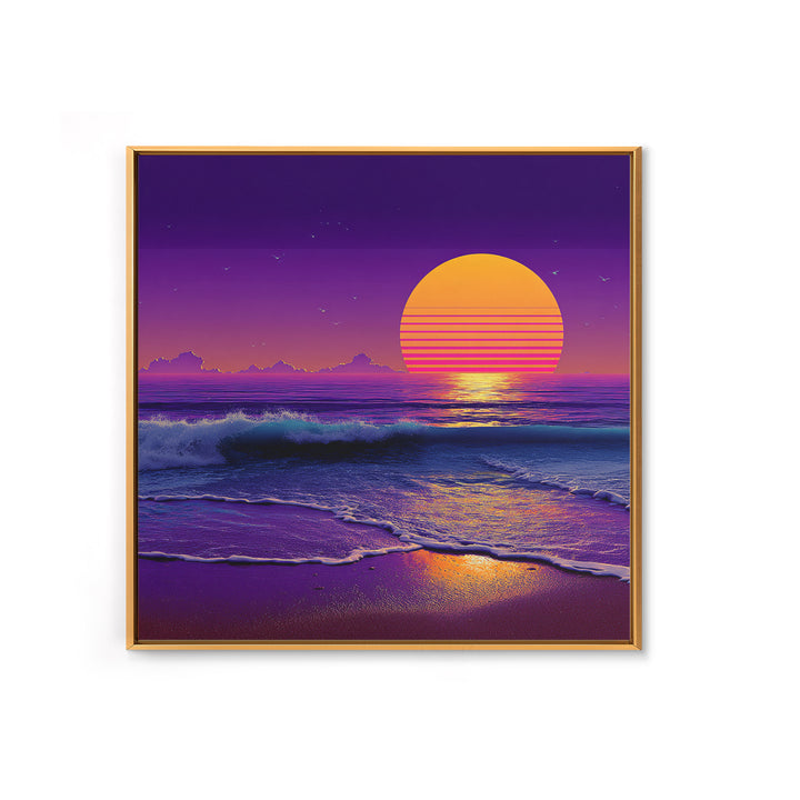 Neon Waves At Dusk Ocean Wall Art, Retro Sunset Beach Print, Vibrant Coastal Home Decor, Synthwave Seascape Living Room Wall Art