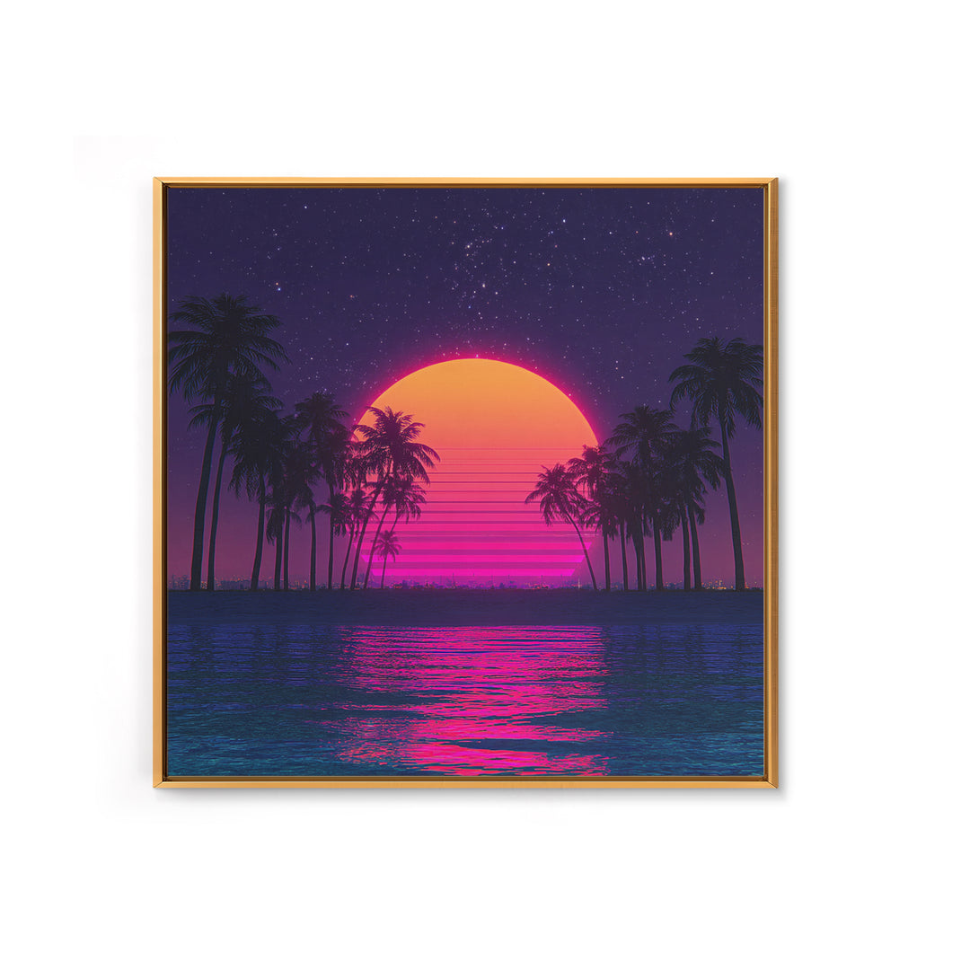 Neon Sunset Palm Tree Beach Canvas Print, Retro Wave Ocean Wall Art, Vibrant Coastal Home Decor, 80s Synthwave Bedroom Art