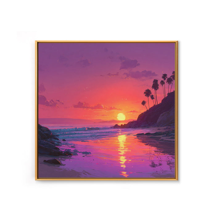 Tropical Sunset Beach Wall Art, Pink Orange Ocean Painting, Coastal Landscape Print, Modern Coastal Decor Framed Canvas Print