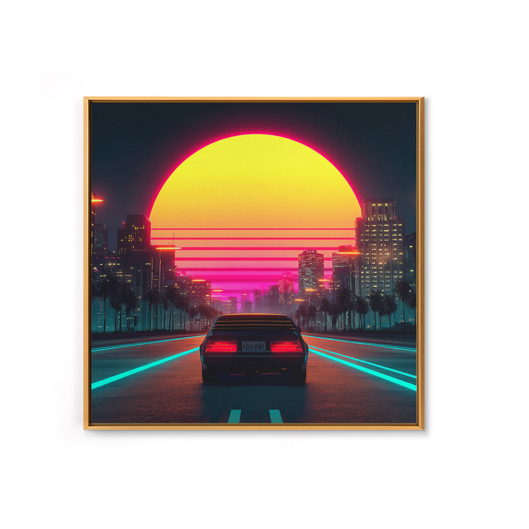 Retro Neon Car Driving Into Sunset Cityscape Wall Art Modern Abstract Framed Canvas Print Home Decor