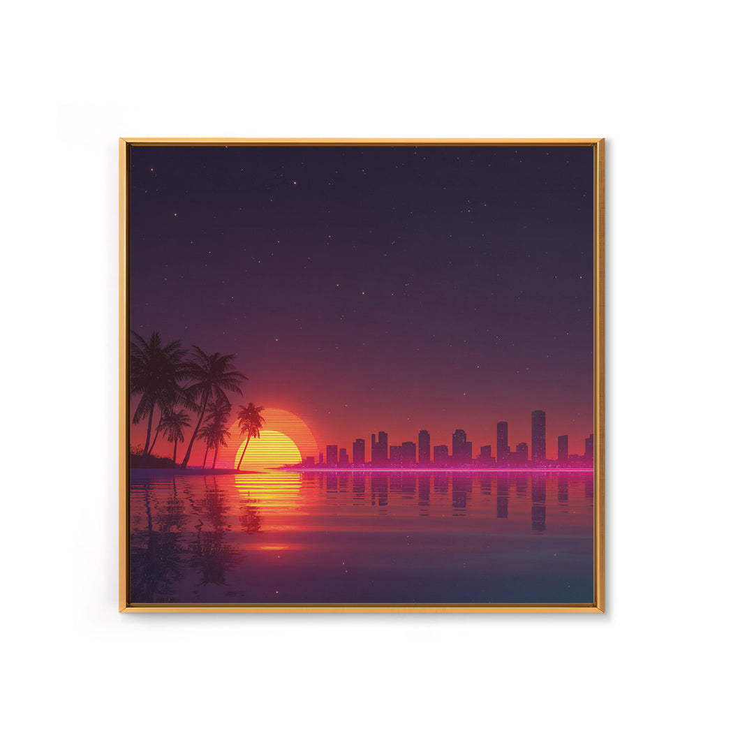 Neon City Skyline Sunset Over Water Retro Coastal Wall Art, Vibrant Nightscape Canvas Print For Modern Home Decor