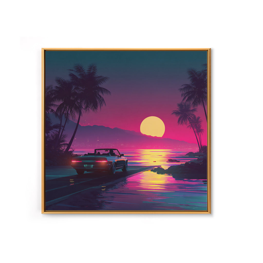 Retro Convertible Driving Into Neon Sunset Wall Art, 80s Aesthetic Beach Road Canvas Print, Vaporwave Room Decor