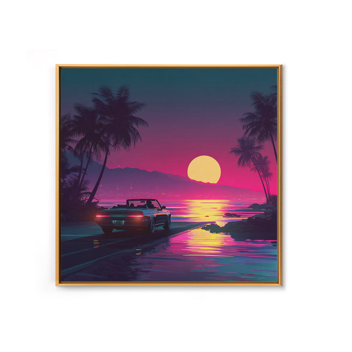 Retro Convertible Driving Into Neon Sunset Wall Art, 80s Aesthetic Beach Road Canvas Print, Vaporwave Room Decor
