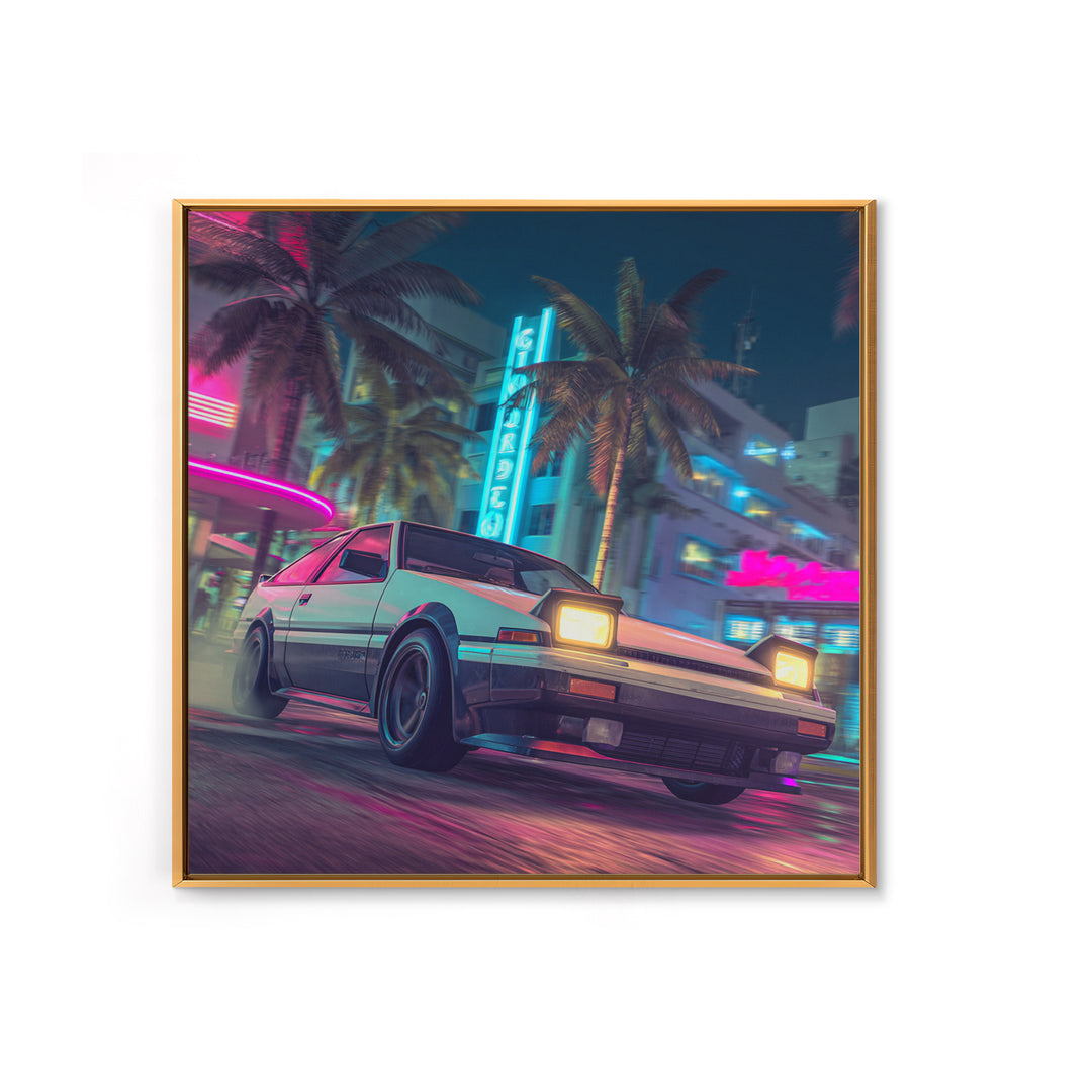 Retro Night City Car Wall Art, Neon Cyberpunk Street Canvas Print, Futuristic Cityscape Art, Gaming Room Decor Poster