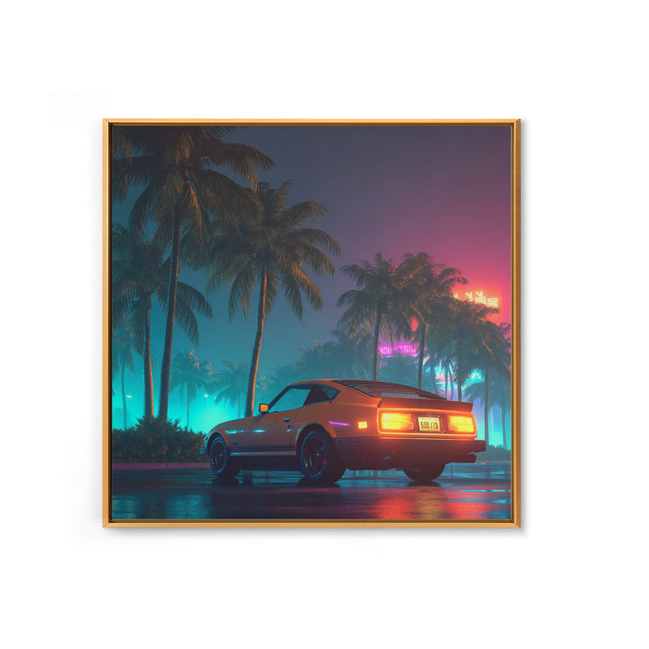 Retro Night Drive Wall Art, Neon Palm Street With Classic Car Canvas Print, Vaporwave Aesthetic Decor