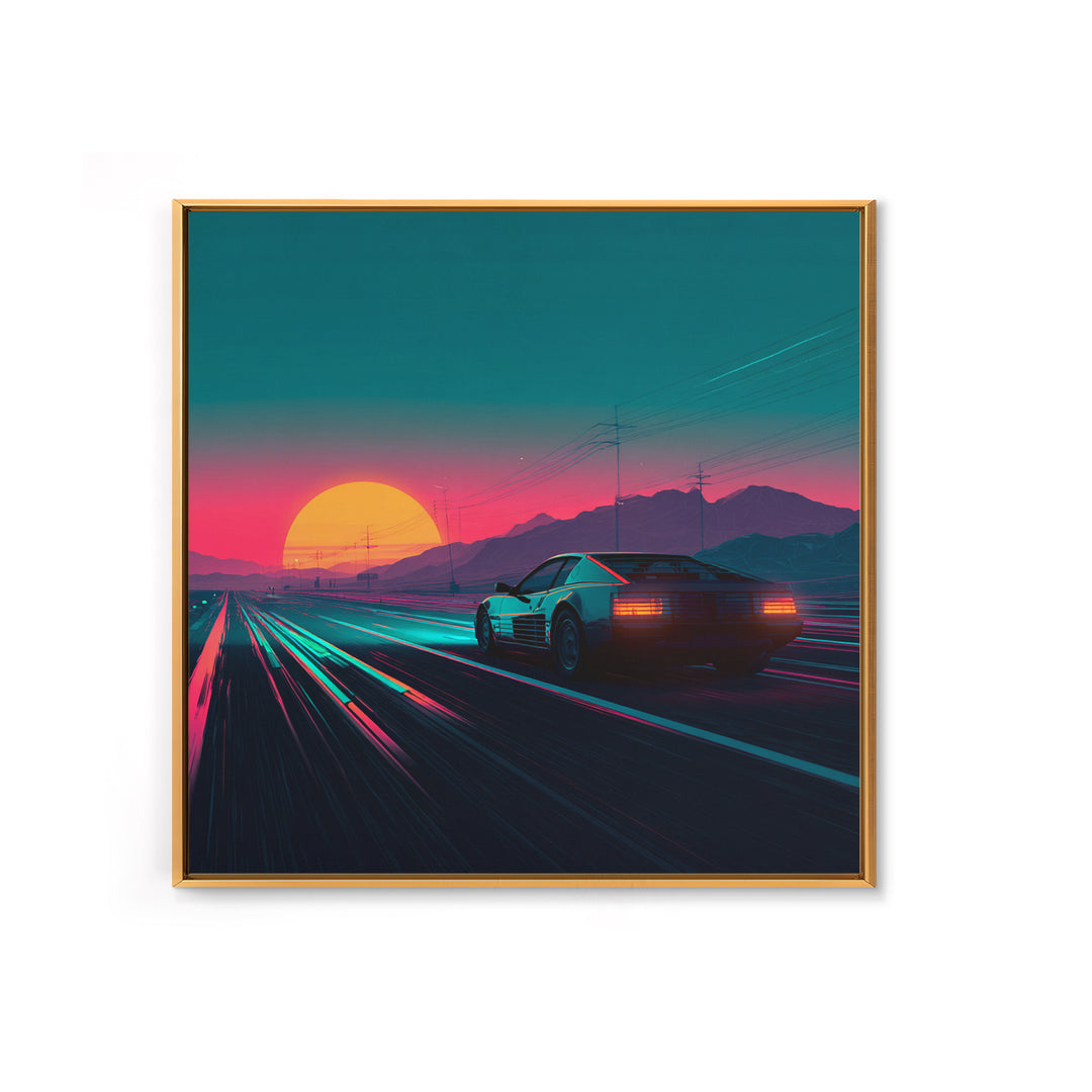 Retro Sports Car At Neon Sunset Highway Canvas Print, Vaporwave Wall Art, Cyberpunk Room Decor, Futuristic Landscape Poster