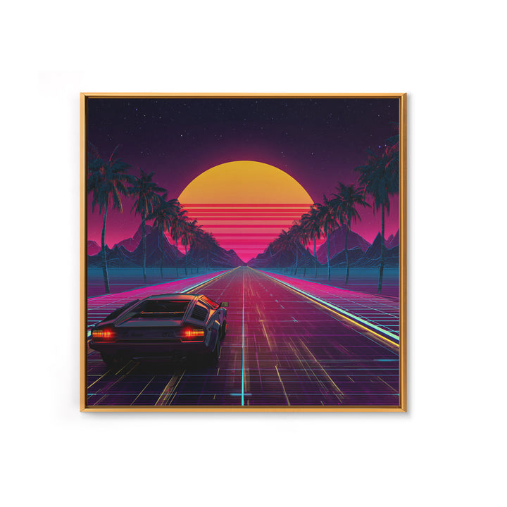 Retro Synthwave Car Driving Into Neon Sunset Wall Art, 80s Vaporwave Palm Road Aesthetic Canvas Print