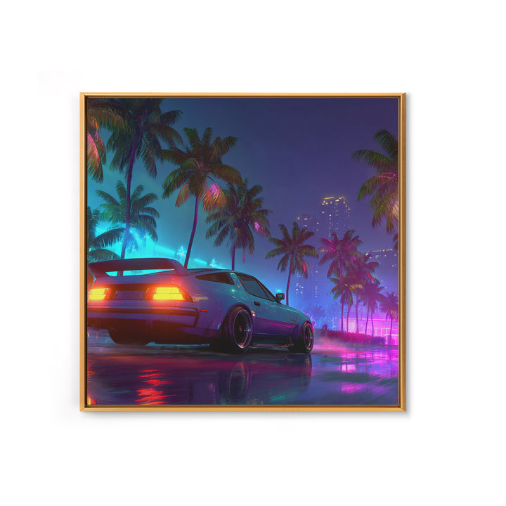 Neon Sports Car Palm Tree Night Wall Art, Retro Coastal City Canvas Print, Cyberpunk Beach Aesthetic Room Decor