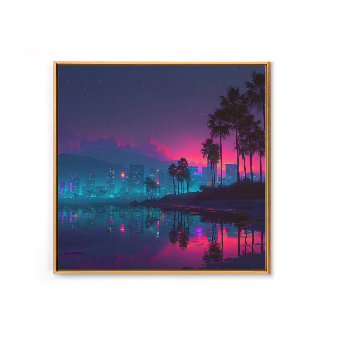 Neon City Beach Sunset Canvas Print, Retro Futuristic Coastal Wall Art, Vaporwave Room Decor Modern Living Room Wall Art