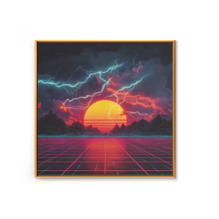 Retro Futuristic Sunset Lightning Landscape Wall Art Neon Grid Sci Fi Canvas Print Gaming Room Decor