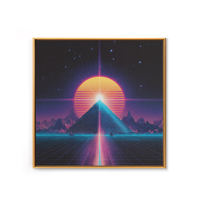 Retro Synthwave Pyramid And Sun Wall Art, Neon 80s Sci Fi Landscape, Vaporwave Gaming Room Decor, Framed Canvas Print