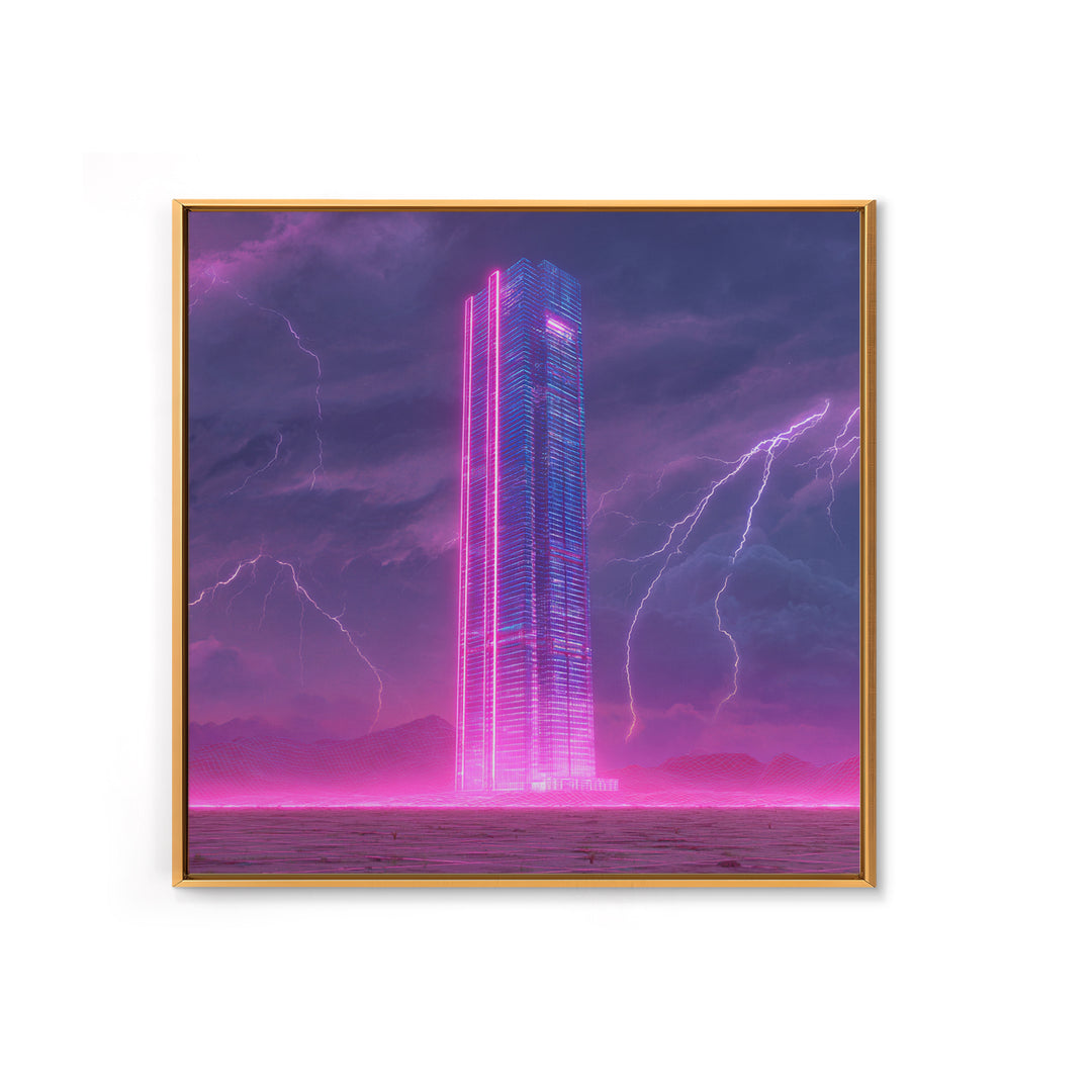 Neon Skyscraper In Storm Futuristic Wall Art, Cyberpunk Cityscape Painting, Sci Fi Modern Art Print, Gaming Room Canvas Print