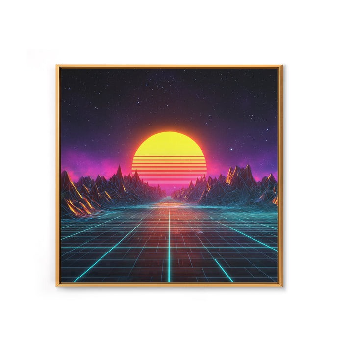 Retro Synthwave Sunset Landscape Canvas Print, Neon Cyberpunk Mountain Road Art, Gaming Room Decor Modern Wall Art
