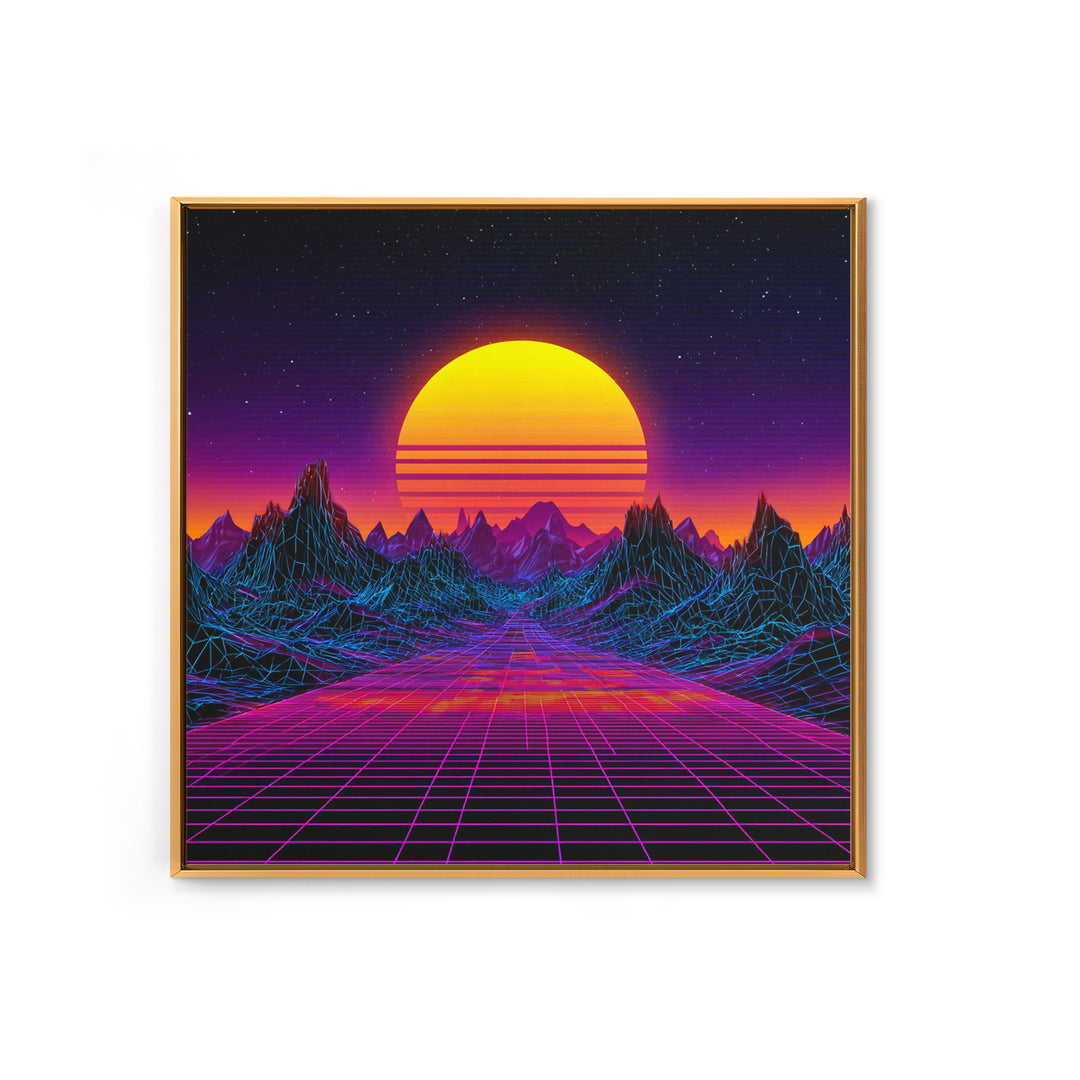 Retro Futuristic Neon Sunset Landscape Wall Art, Synthwave Mountains, 80s Vaporwave Canvas Print Home Decor