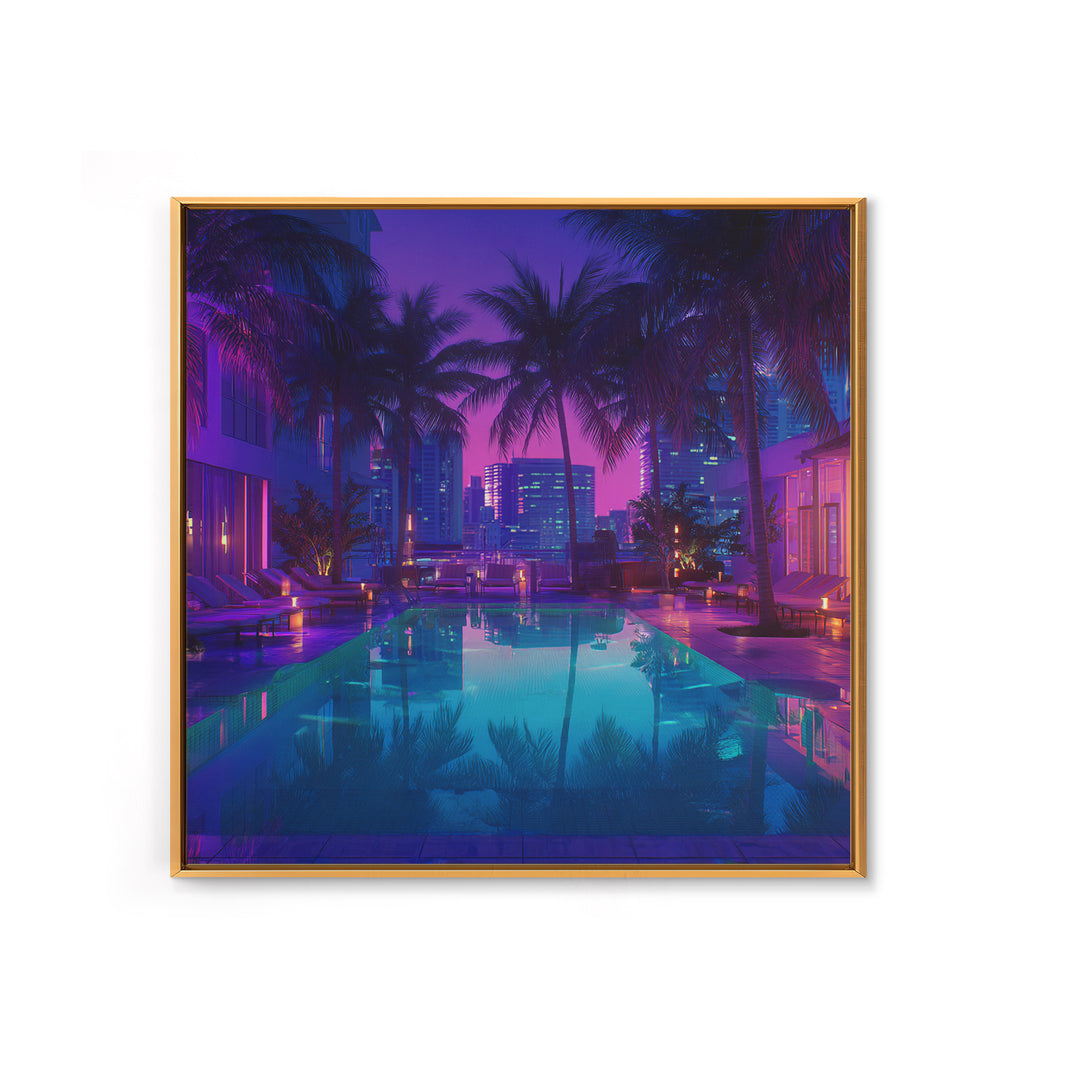 Neon City Rooftop Pool Nightscape Wall Art, Tropical Palm Skyline Print, Modern Urban Apartment Decor Wall Art