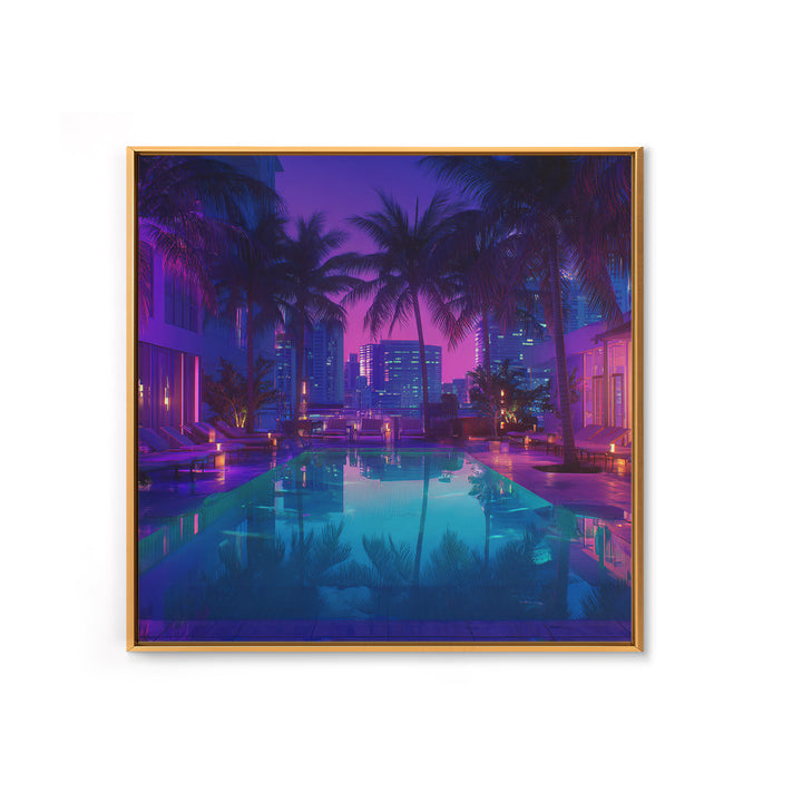 Neon City Rooftop Pool Nightscape Wall Art, Tropical Palm Skyline Print, Modern Urban Apartment Decor Wall Art