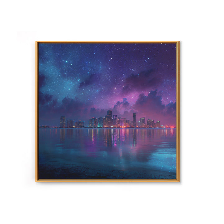 Neon City Skyline Under Starry Night Wall Art, Futuristic Coastal Canvas Print, Modern Apartment Decor
