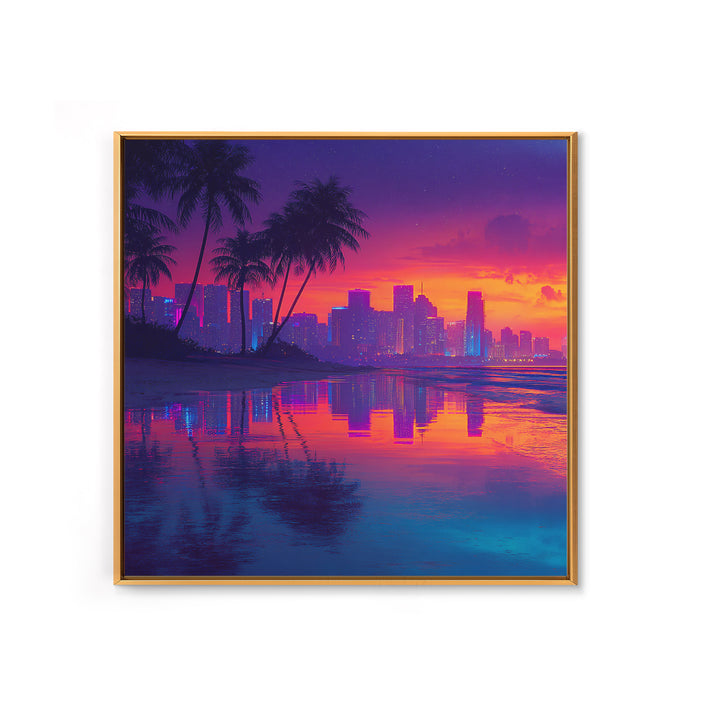 Neon Tropical City Sunset Beach Wall Art, Vibrant Coastal Canvas Print For Modern Living Room Decor And Dorm Aesthetic