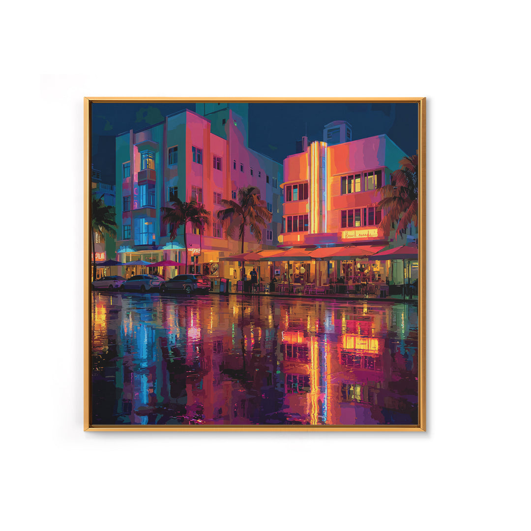Modern Neon Cityscape At Sunset Urban Wall Art Framed Canvas Print For Contemporary Home Office Decor Gift