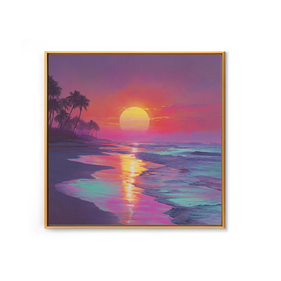 Neon Sunset Beach With Palm Trees Wall Art, Vibrant Coastal Ocean Art Print, Modern Home Decor Living Room Wall Art