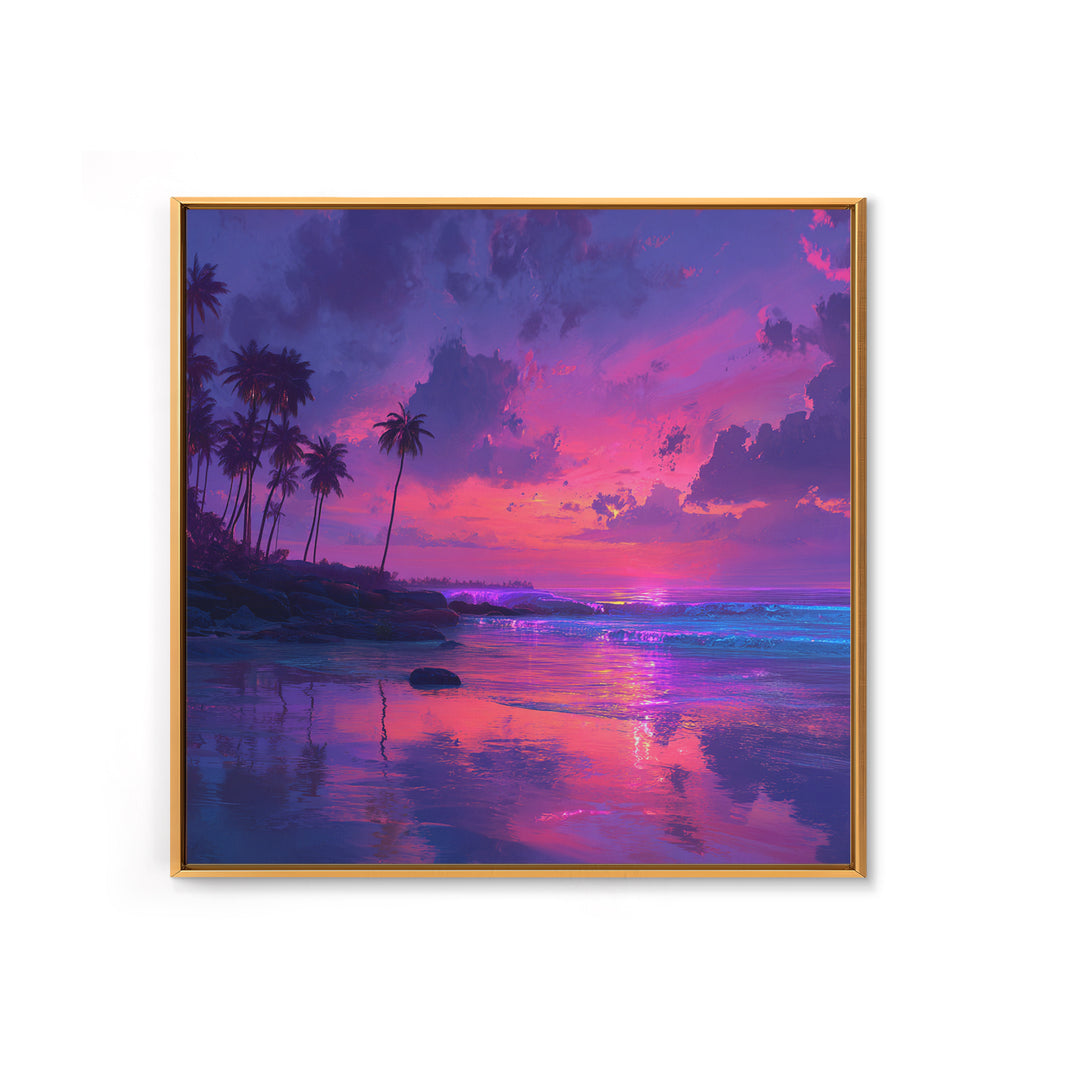 Vibrant Pink And Purple Tropical Seascape Wall Art, Palm Tree Sunset Ocean Landscape Canvas Print Decor