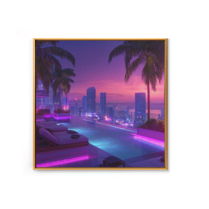 Neon City Rooftop Pool At Dusk Wall Art, Futuristic Skyline Canvas Print For Modern Apartment Decor And Gaming Room