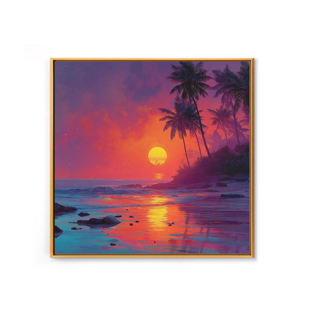 Vibrant Tropical Sunset Beach Wall Art, Colorful Palm Tree Ocean Canvas Print, Coastal Decor, Relaxing Summer Seascape